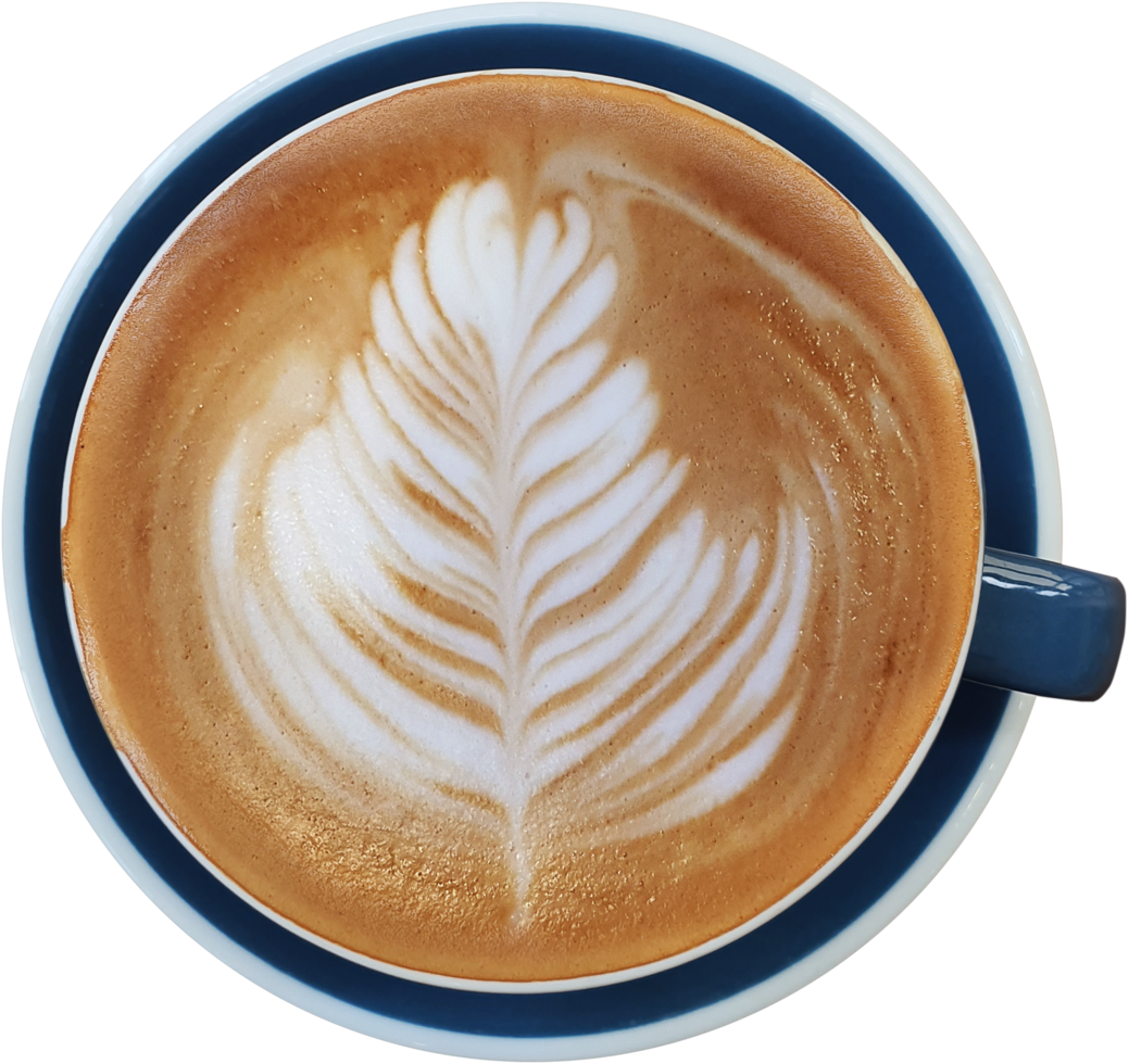 Top view of a mug of latte art coffee. png