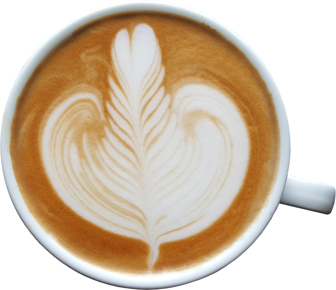 Top view of a mug of latte art coffee. png