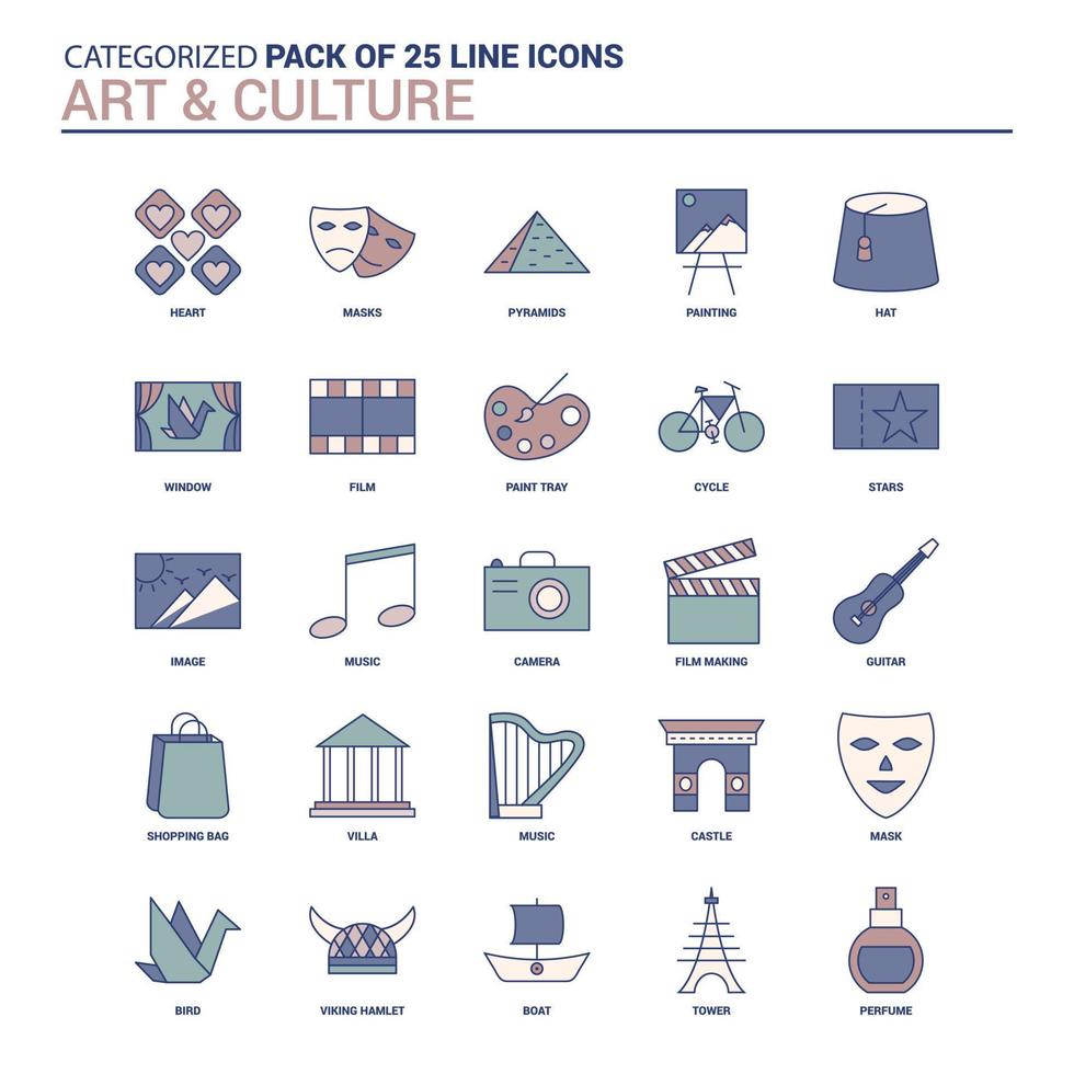 conjunto de iconos de arte y cultura vintage conjunto de iconos de 25 líneas planas vector