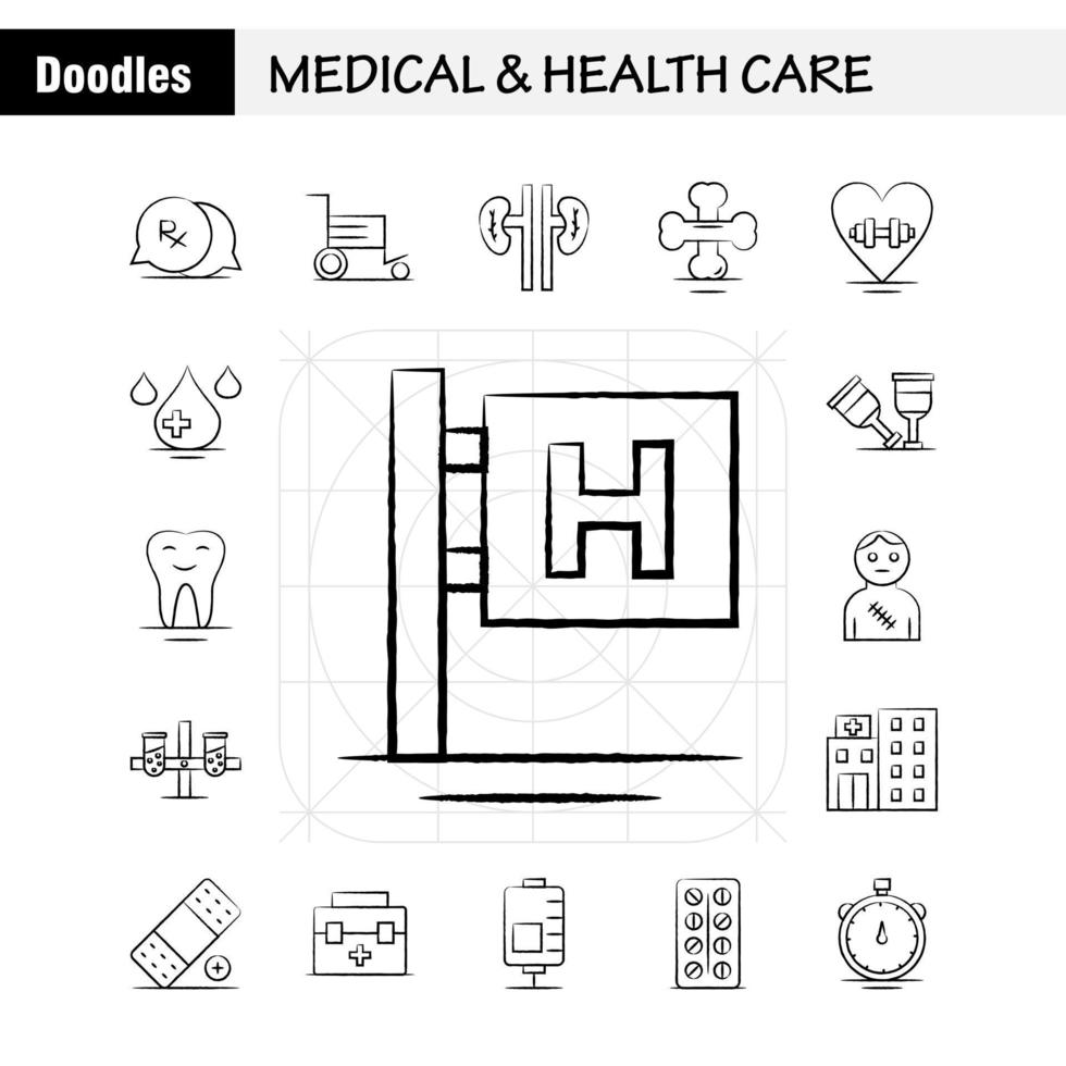 icono dibujado a mano de atención médica y de salud para impresión web y kit de uxui móvil como chat médico correo hospital silla de ruedas hospital médico paciente pictograma paquete vector