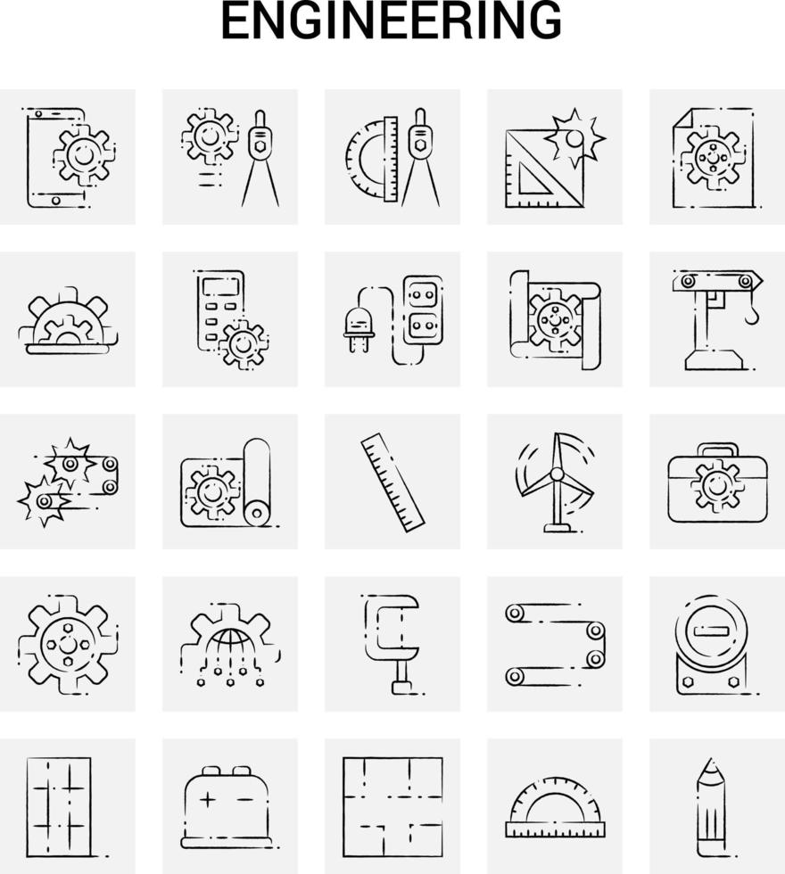 25 iconos de ingeniería dibujados a mano conjunto de garabatos vectoriales de fondo gris vector