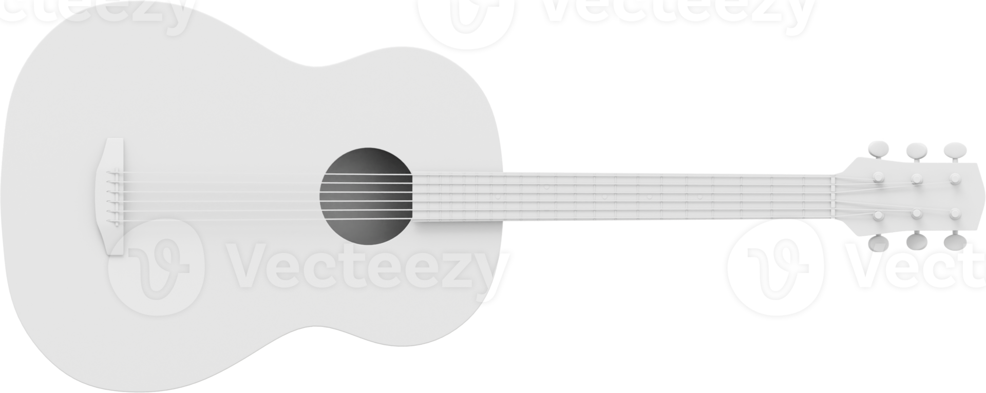 White acoustic guitar, front view. 3D rendering. PNG icon on transparent background.