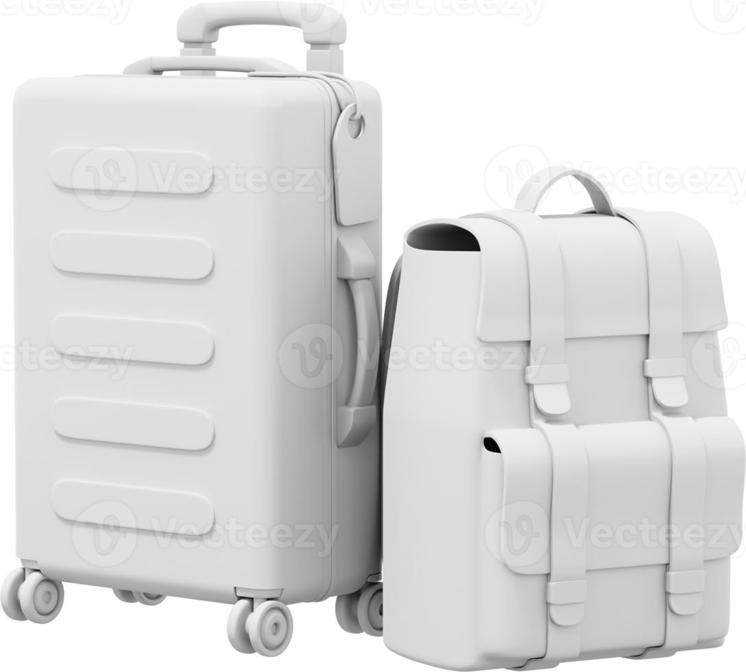 Travel suitcase on wheels and travel backpack white color. PNG icon on transparent background. 3D rendering.