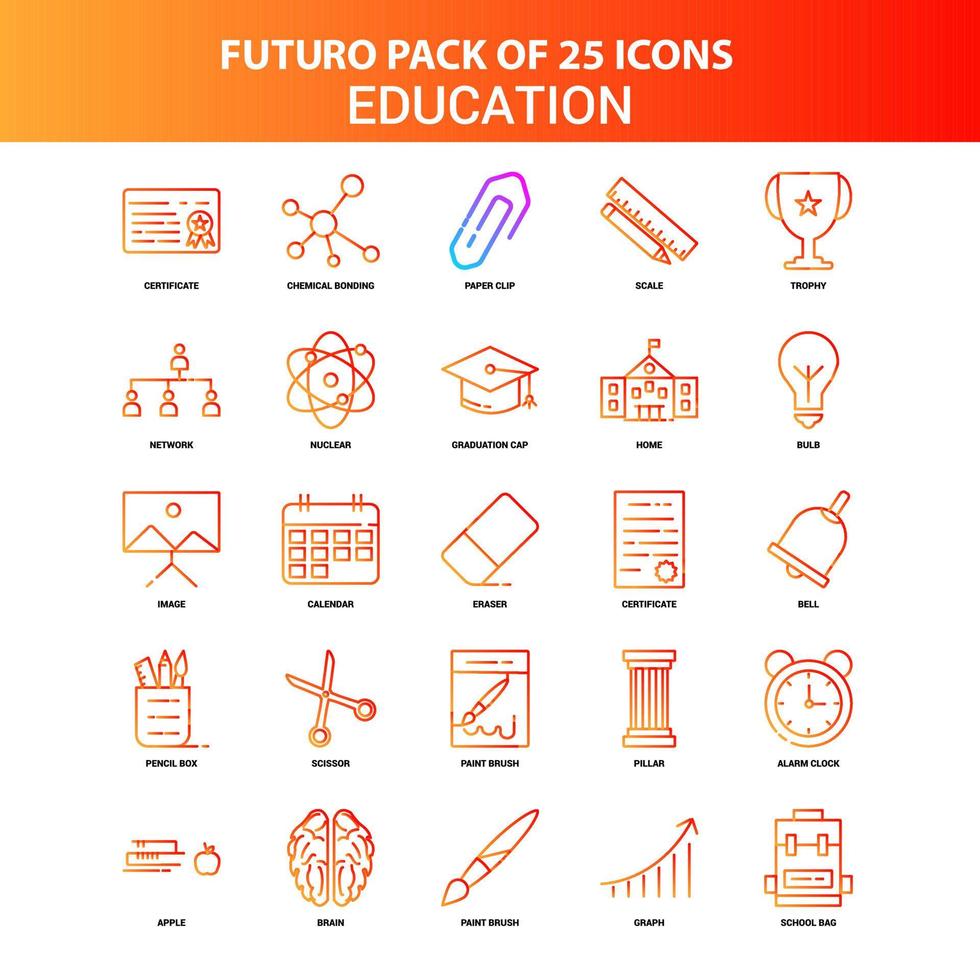 naranja futuro 25 conjunto de iconos de educación vector