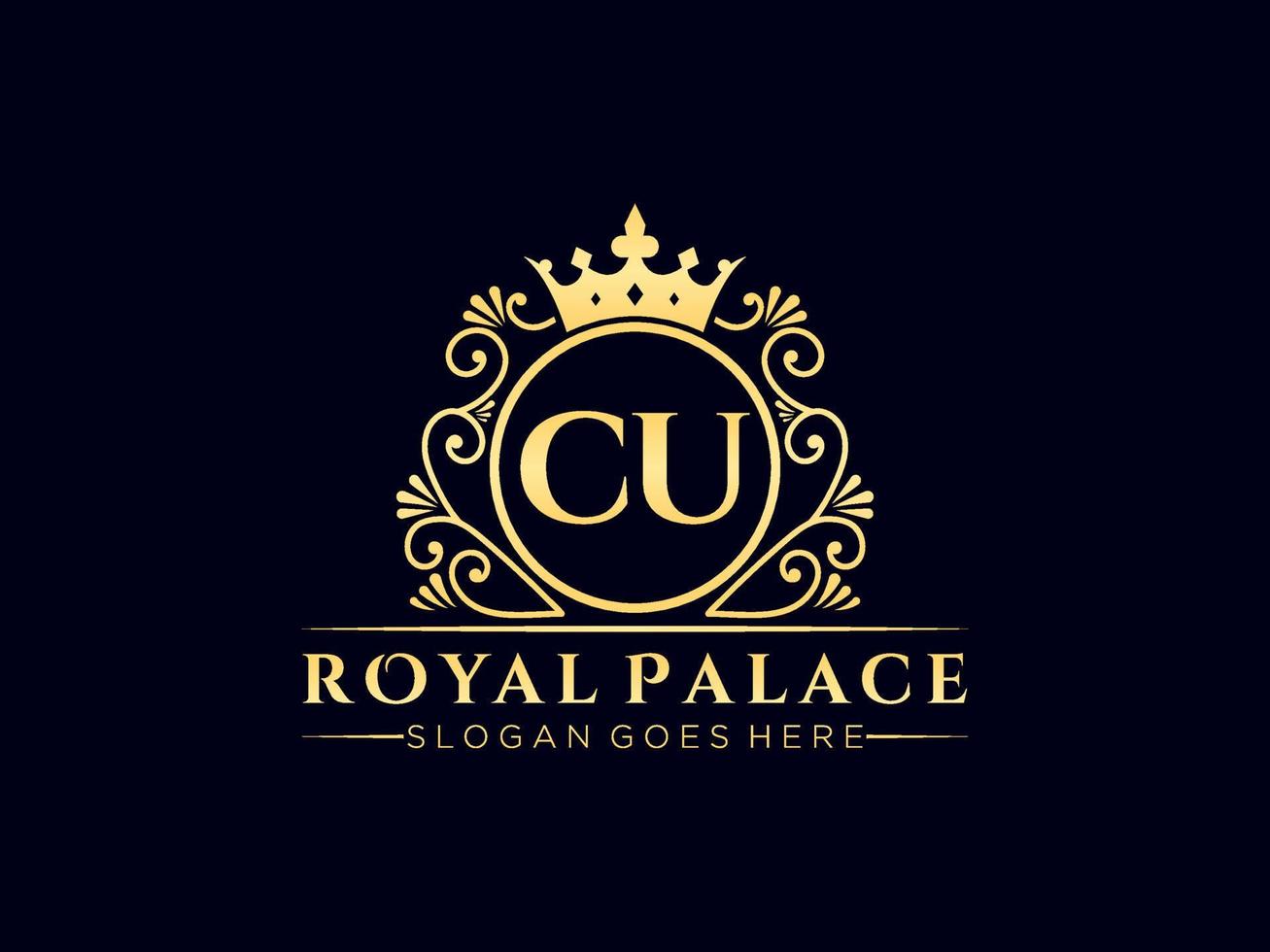 Letter CU Antique royal luxury victorian logo with ornamental frame. vector