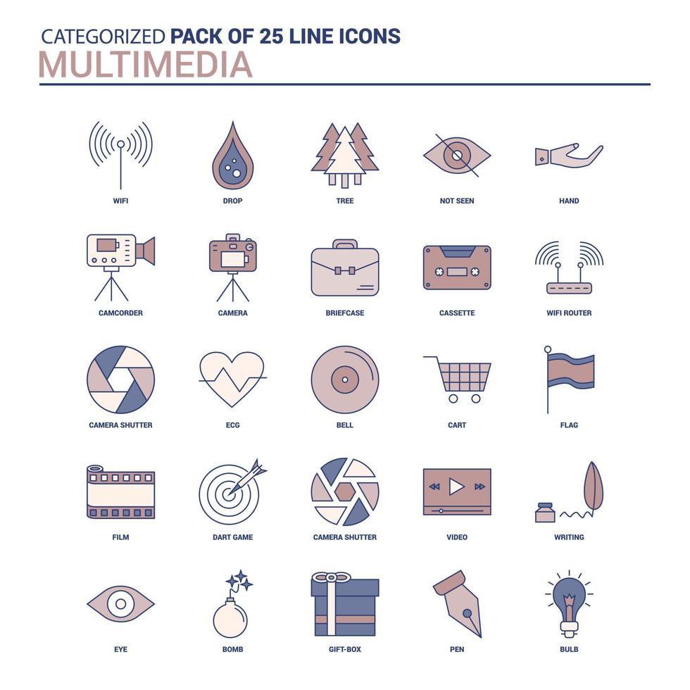Vintage Multimedia Icon set 25 Flat Line icon set vector