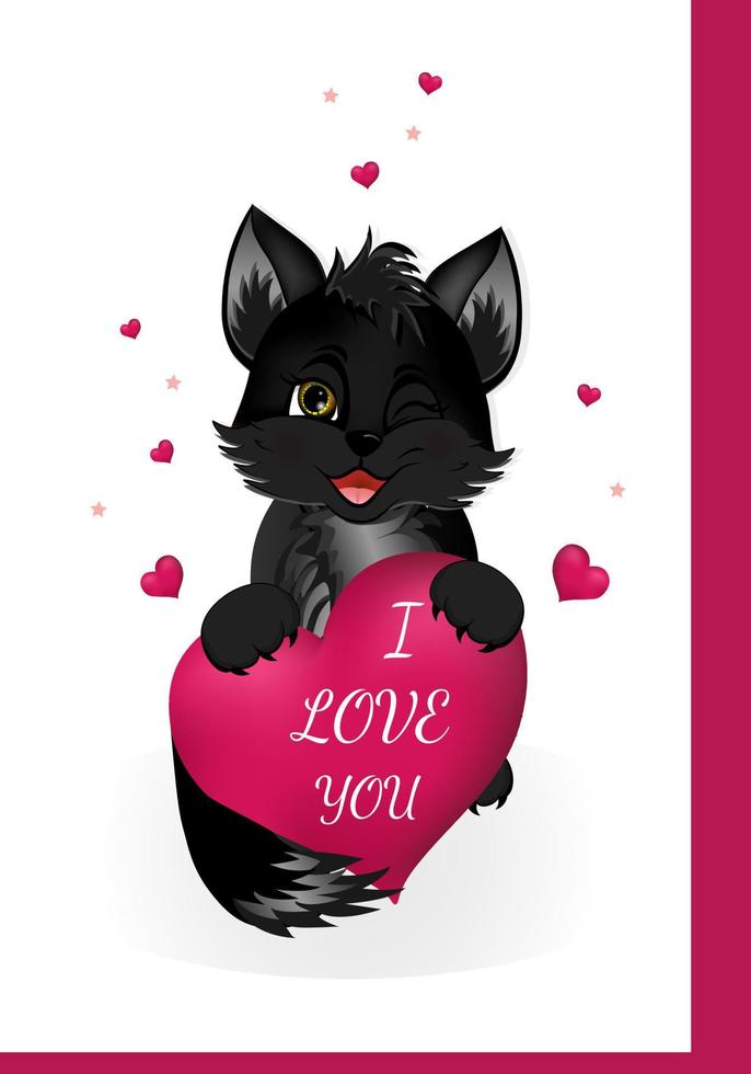 Happy Valentines Day. Greeting postcard with pink hearts and little cat, kitten. vector