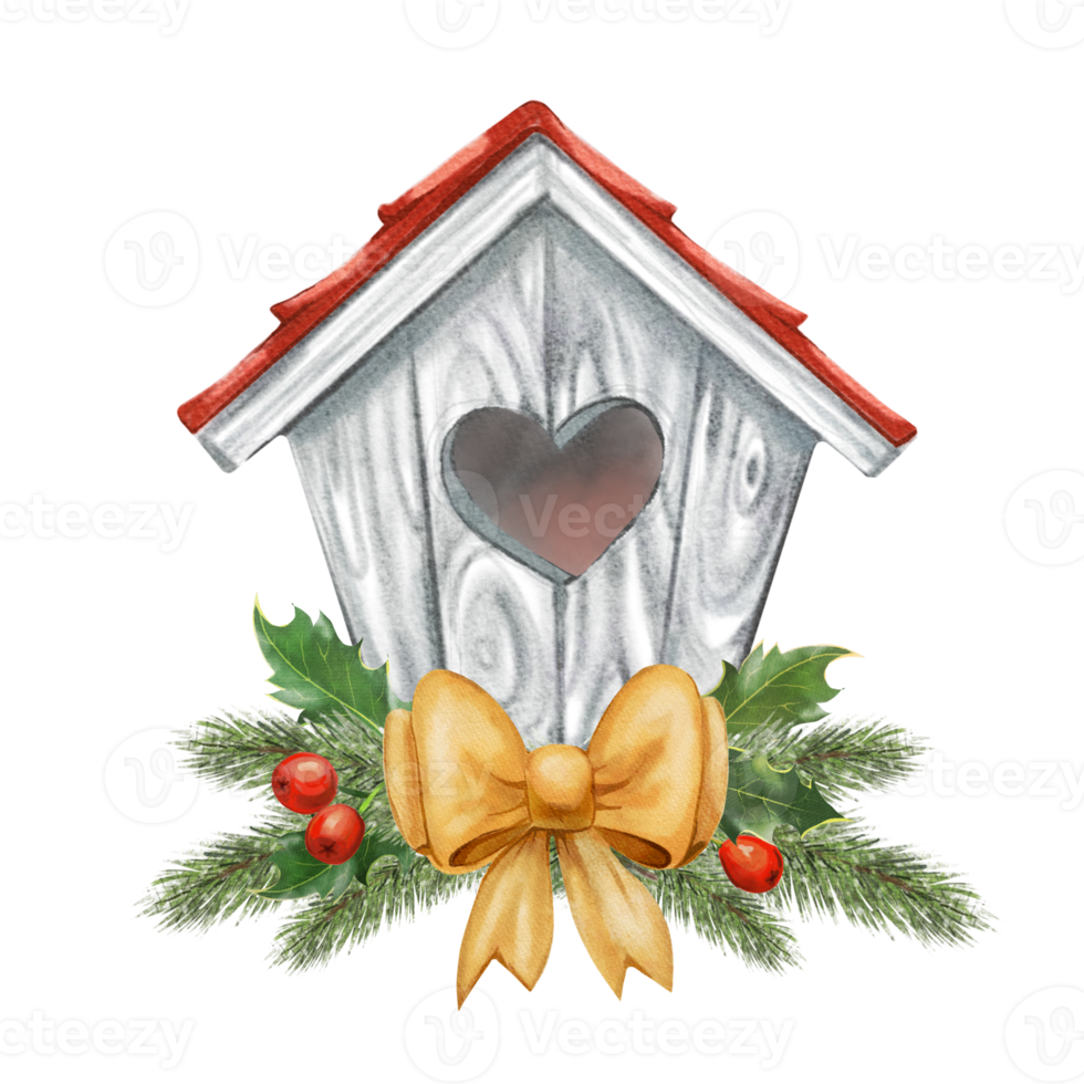 watercolor illustration of a birdhouse with coniferous branches, leaves, twigs and a yellow bow png