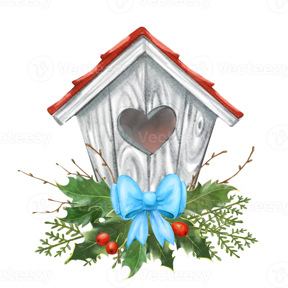 watercolor illustration of a birdhouse with coniferous branches, leaves, twigs and a blue bow png