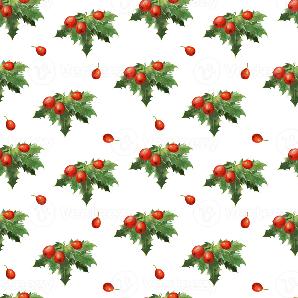 watercolor pattern with leaves, berries, and holly png