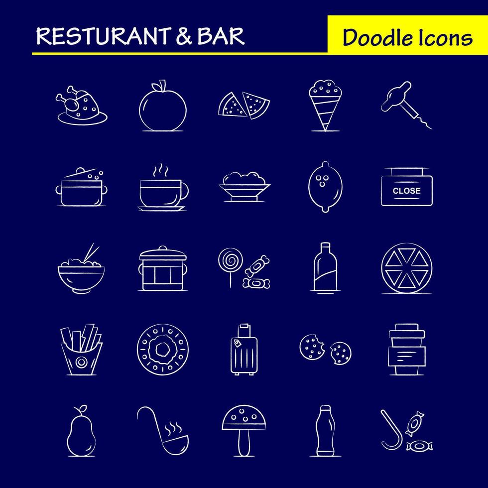 Restaurant And Bar Hand Drawn Icon for Web Print and Mobile UXUI Kit Such as Food Piece Pizza Eat Food Meal Potato Eat Pictogram Pack Vector