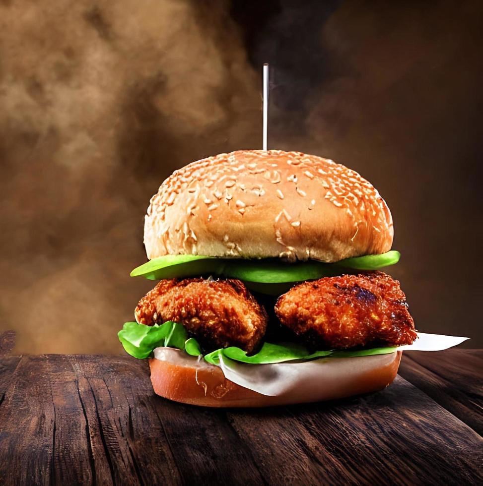 Chicken burger. Fresh tasty burger with fried chicken meat. photo