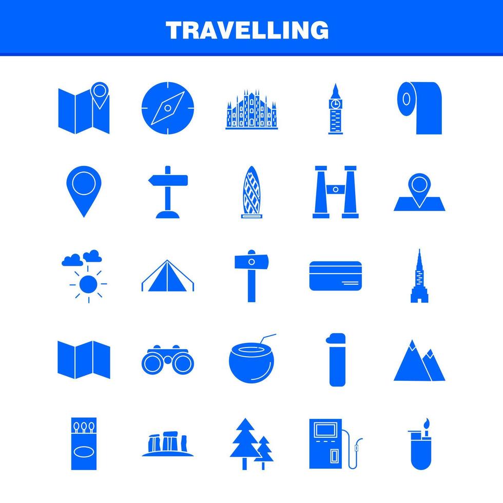 Travelling Solid Glyph Icons Set For Infographics Mobile UXUI Kit And Print Design Include Direction Board Board Direction Traffic Board Dish Food Eps 10 Vector