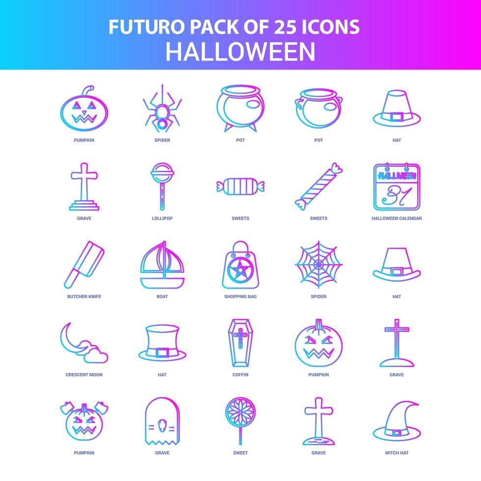 paquete de iconos de halloween futuro azul y rosa de 25 vector