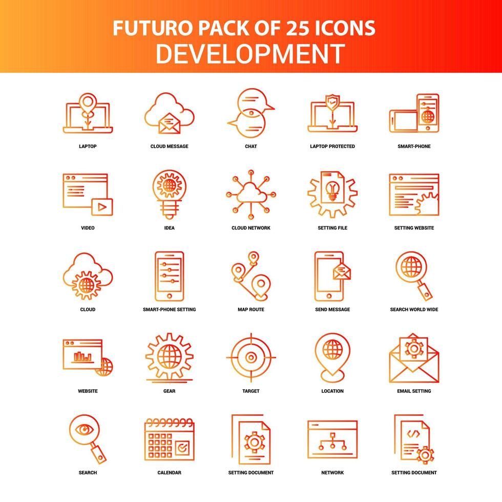 conjunto de iconos de desarrollo naranja futuro 25 vector