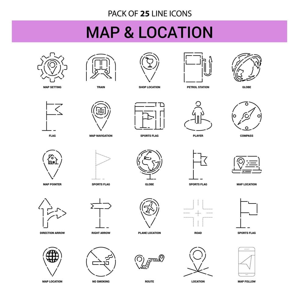 Map and Location Line Icon Set 25 Dashed Outline Style vector