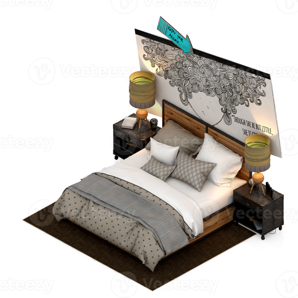 Isometric Bedroom 3D render png