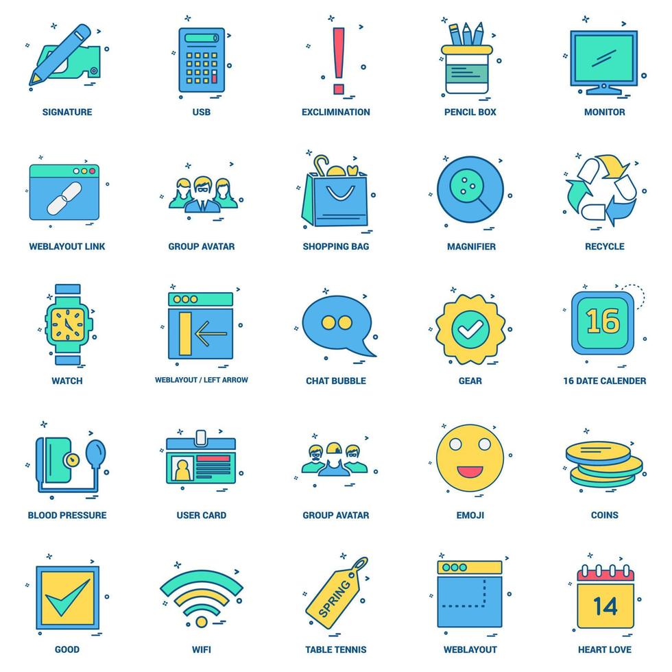 25 conjunto de iconos de color plano de mezcla de concepto de negocio vector