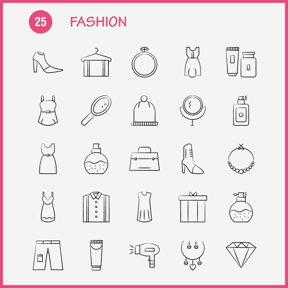 Fashion Hand Drawn Icons Set For Infographics Mobile UXUI Kit And Print Design Include Cap Hat Garments Cloths Dress Hat Garments Cloths Collection Modern Infographic Logo and Pictogram vector