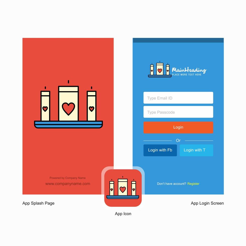 Company Love candles Splash Screen and Login Page design with Logo template Mobile Online Business Template vector