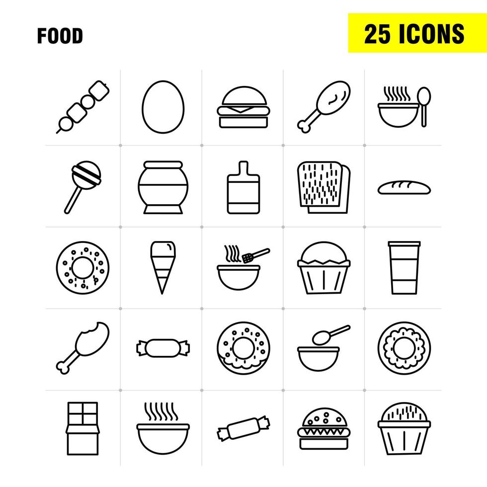 los iconos de la línea de alimentos establecidos para el kit de uxui móvil de infografía y el diseño de impresión incluyen barbacoa, carne, comida, comida, horno, cocina, comida, comida, colección, moderno, infografía, logotipo, y, pictogram, vector