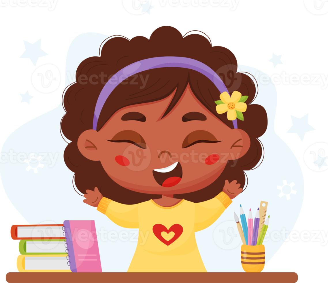 Joyful cute black ethnic girl schoolgirl at table png