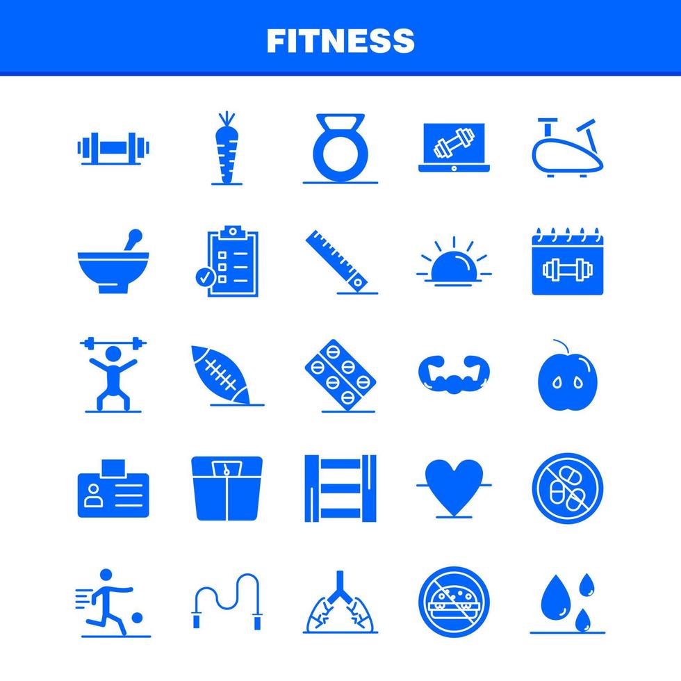 conjunto de iconos de glifo sólido de fitness para infografías, kit de uxui móvil y diseño de impresión que incluyen alimentos de manzana, fitness, caída de sangre, conjunto de iconos de tarjeta de identificación de fitness, vector