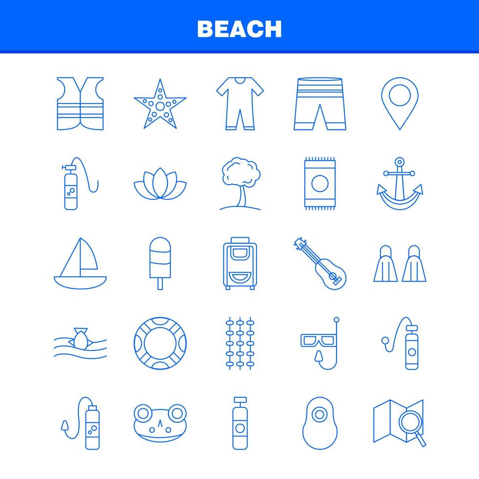 icono de línea de playa para impresión web y kit de uxui móvil, como pantalones cortos, ropa de vacaciones, piscina, instrumento marino, paquete de pictogramas, vector