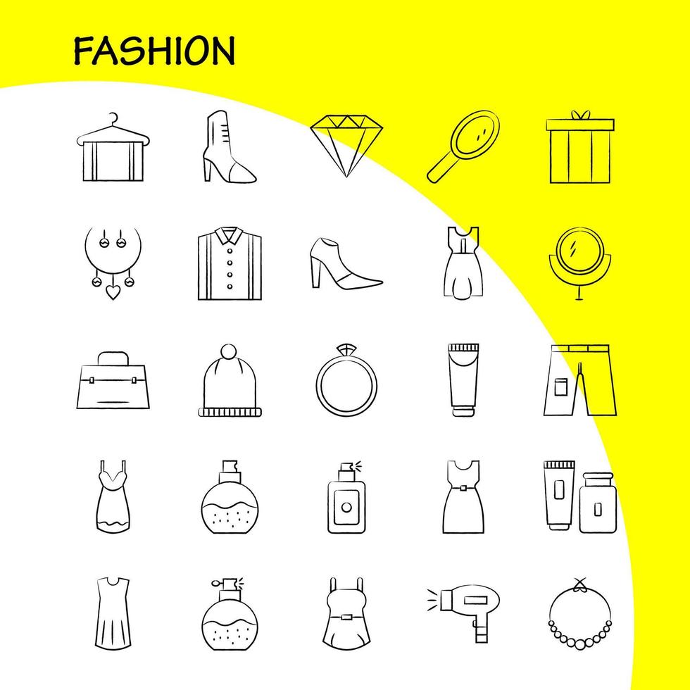 Fashion Hand Drawn Icons Set For Infographics Mobile UXUI Kit And Print Design Include Cap Hat Garments Cloths Dress Hat Garments Cloths Collection Modern Infographic Logo and Pictogram vector