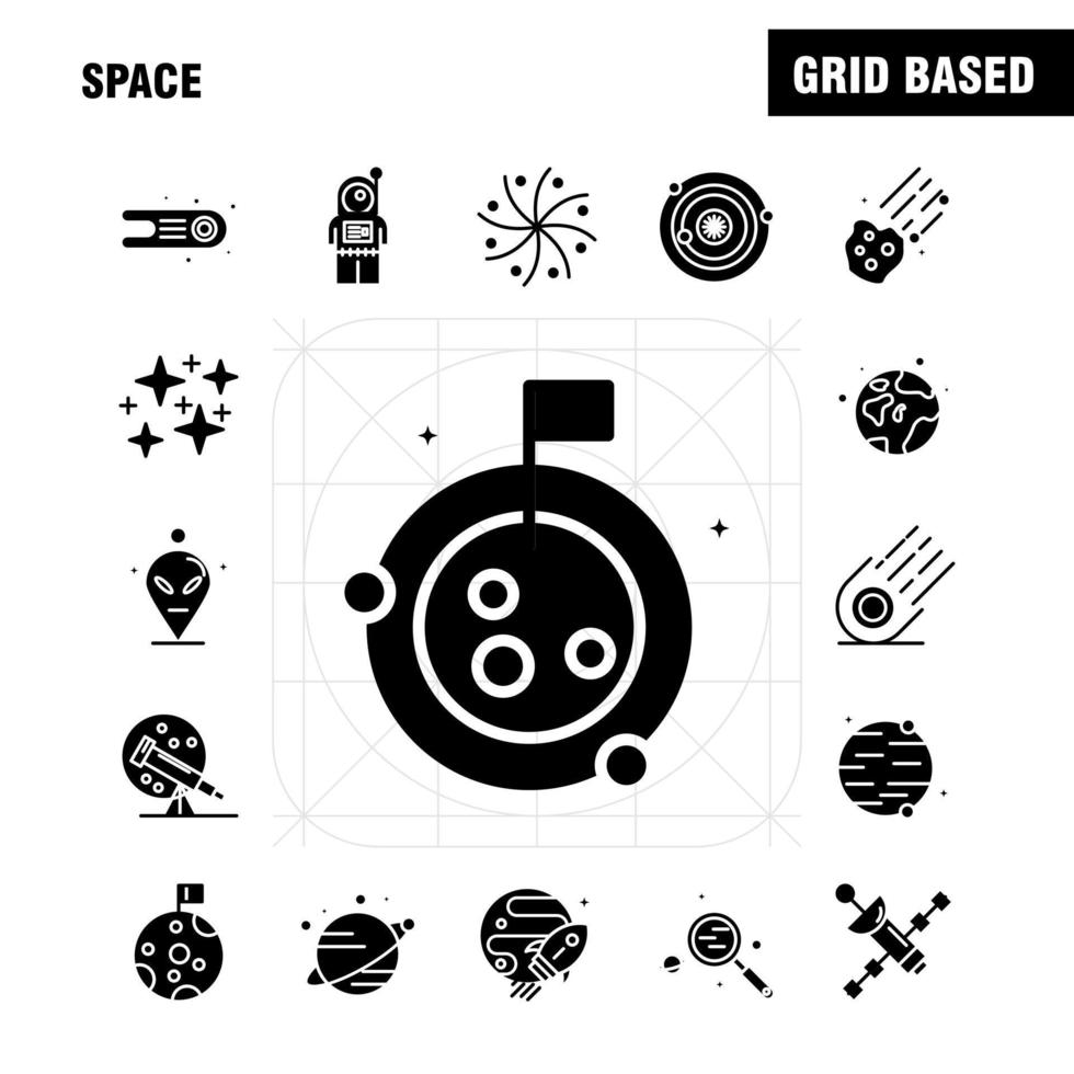 Space Solid Glyph Icons Set For Infographics Mobile UXUI Kit And Print Design Include Rocket Space Transportation Moon Planet Space Spaceship Telescope Icon Set Vector