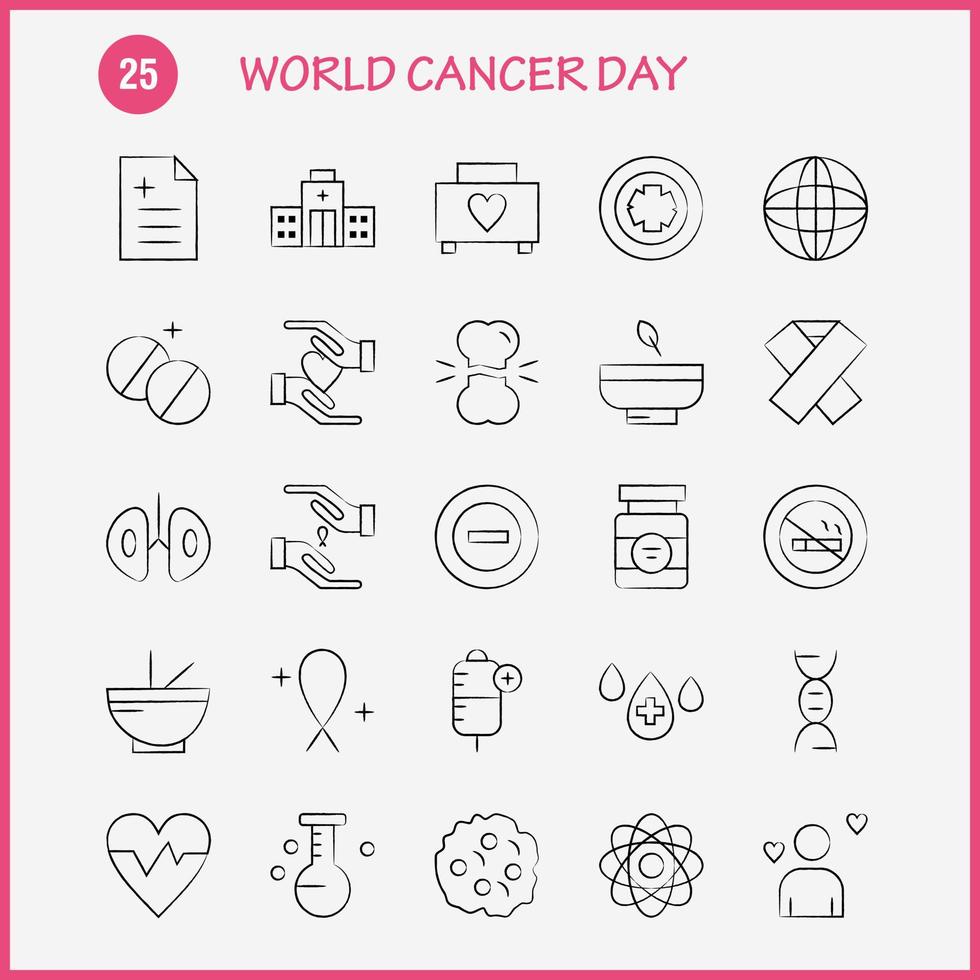 World Cancer Day Hand Drawn Icons Set For Infographics Mobile UXUI Kit And Print Design Include Hands Ribbon Love Romantic Report Love Romantic Valentine Icon Set Vector