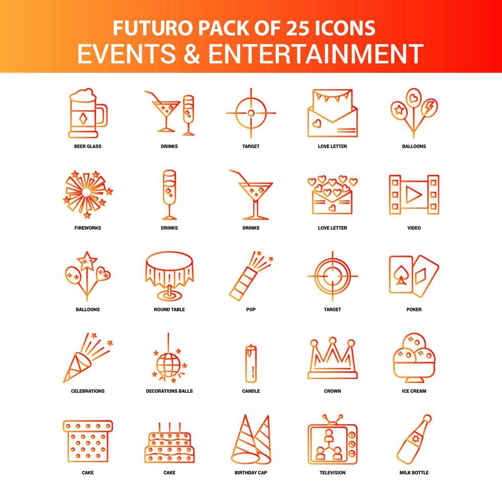 Orange Futuro 25 Events and Entertainment Icon Set vector