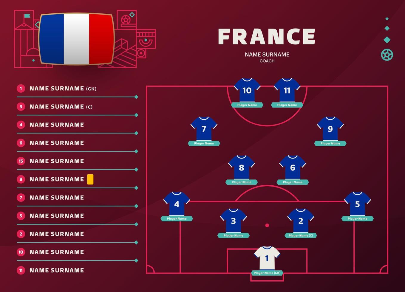 france line-up world Football 2022 tournament final stage vector illustration. Country team lineup table and Team Formation on Football Field. soccer tournament Vector country flags