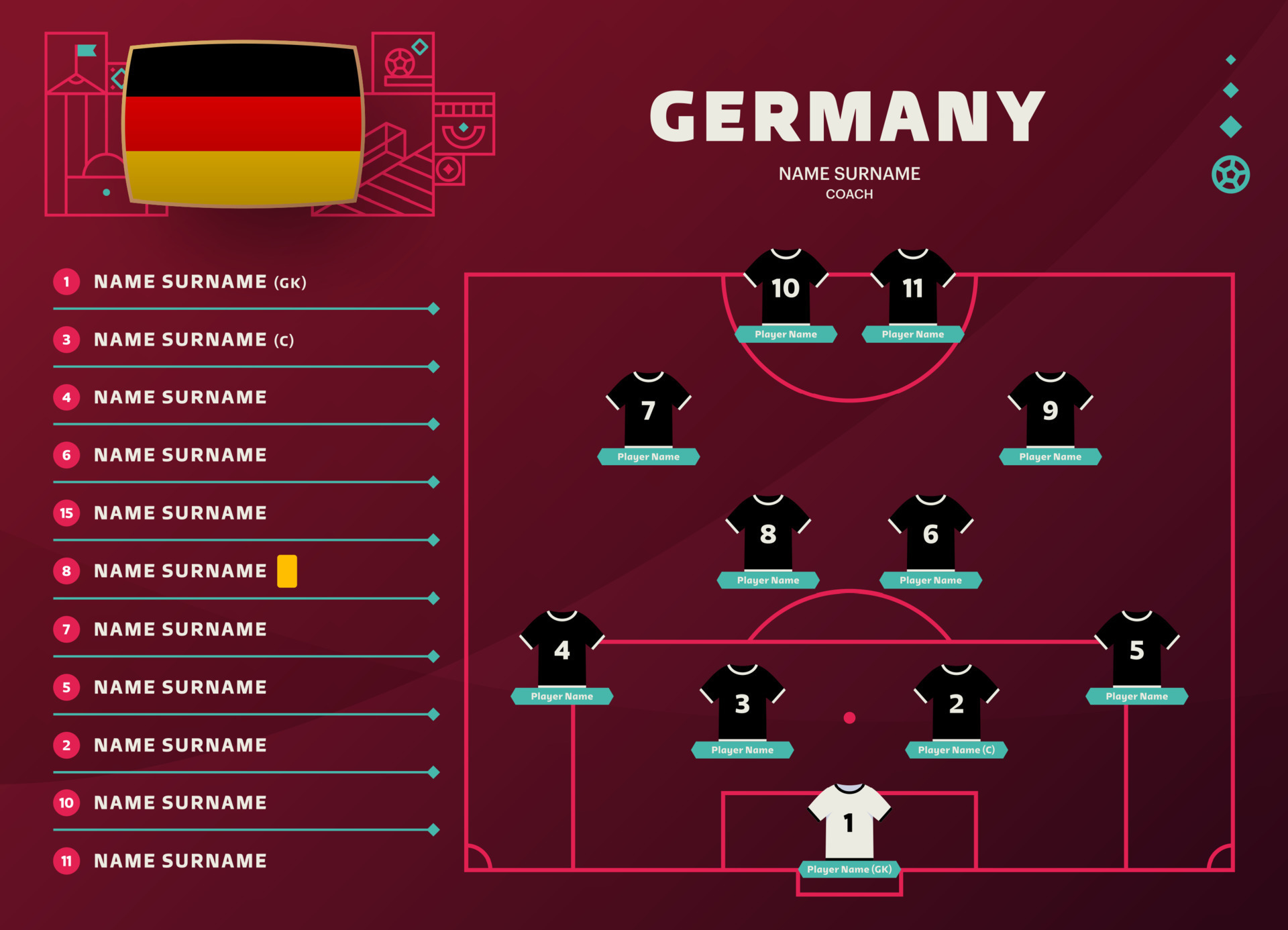 germany lineup world Football 2022 tournament final stage vector