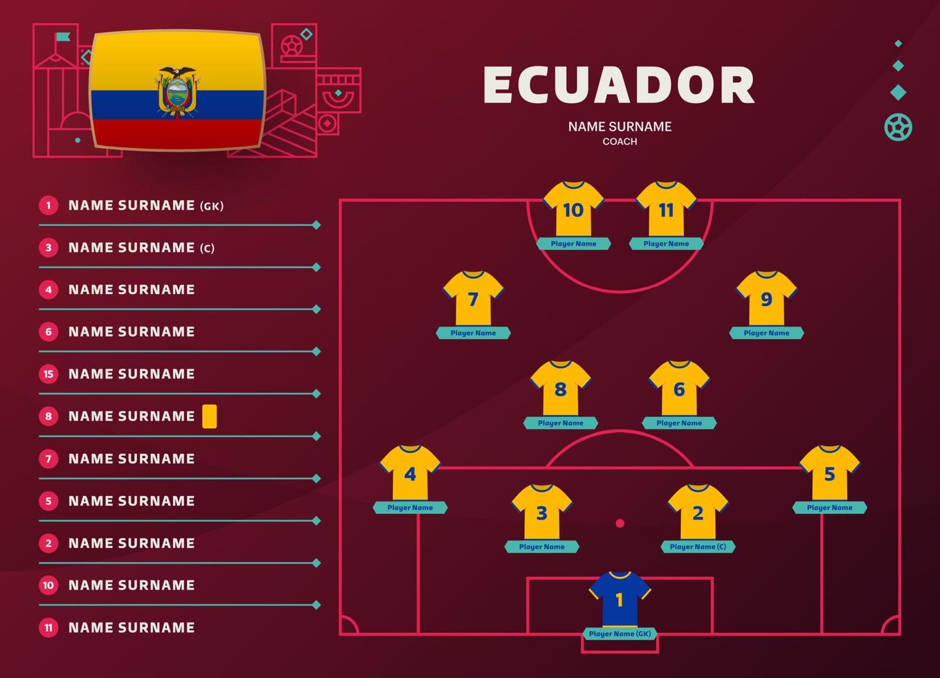 ecuador line-up world Football 2022 tournament final stage vector illustration. Country team lineup table and Team Formation on Football Field. soccer tournament Vector country flags