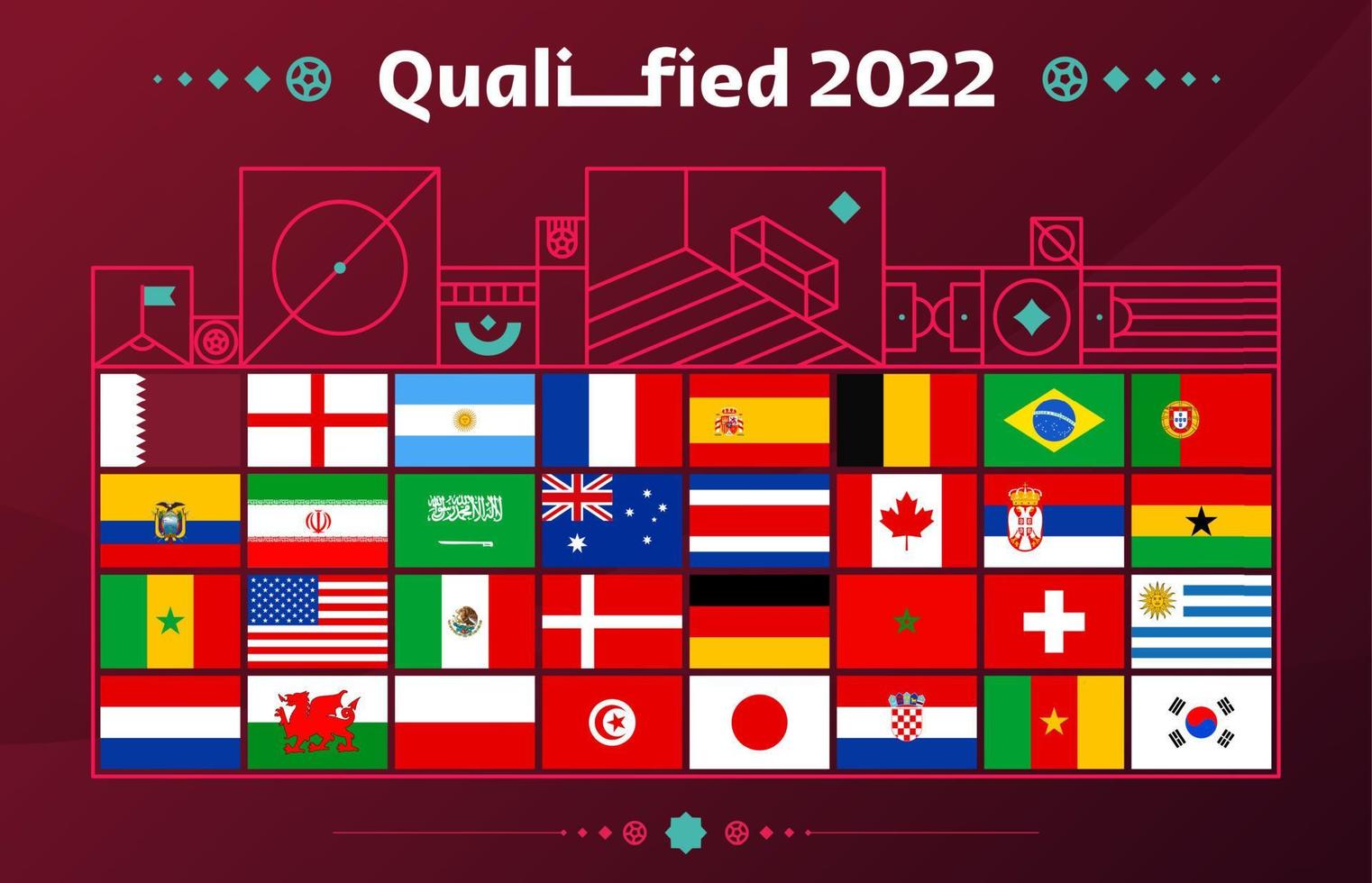 2022 football cup national flag set on tournament background. Flags of all countries participating in the final part of soccer 2022 competition in 8 groups. Vector illustration