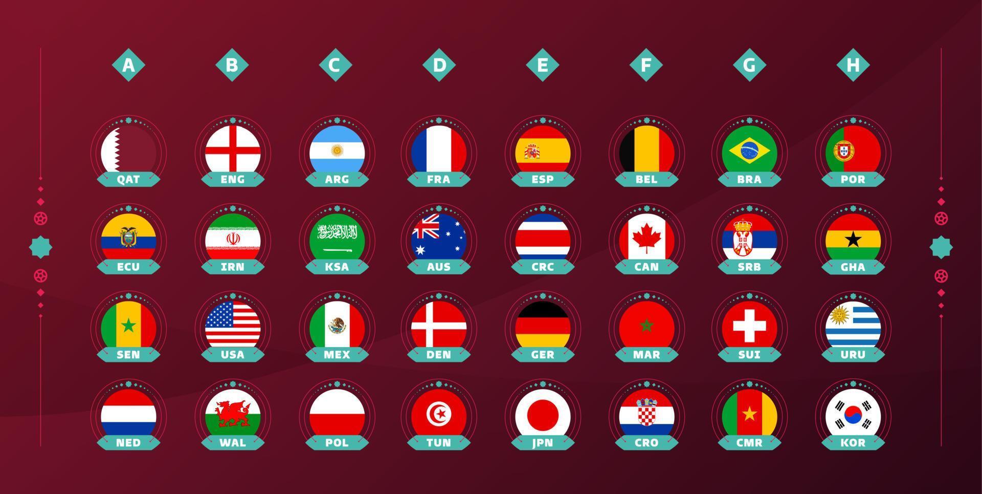 2022 football cup national flag set. Flags of all countries participating in the final part of soccer 2022 competition in 8 groups. Vector illustration