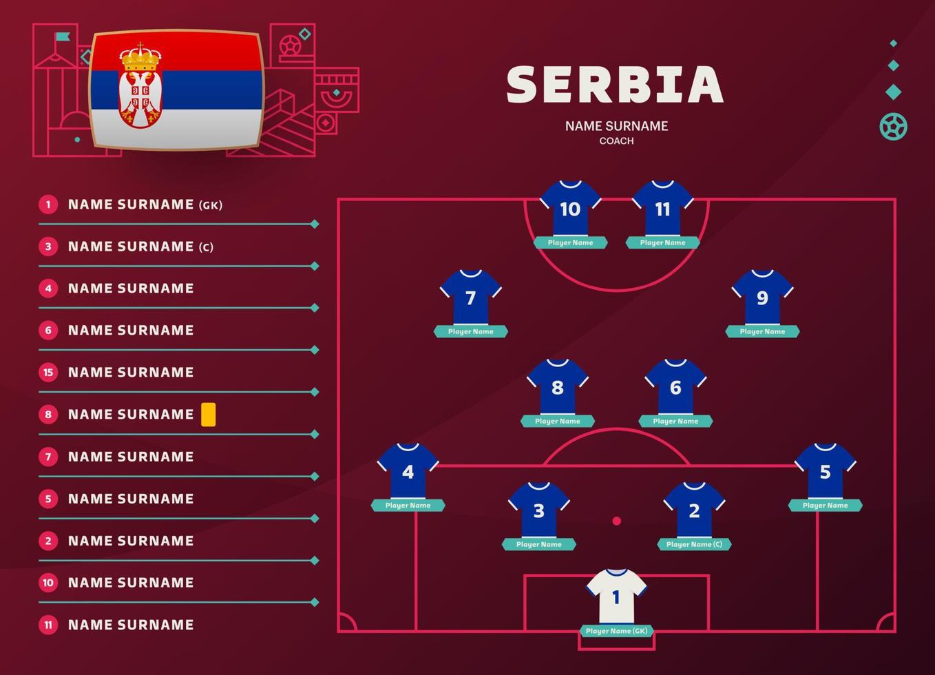 serbia line-up world football 2022 torneo final etapa vector ilustración. tabla de alineación del equipo de campo y formación de equipo en el campo de fútbol. torneo de fútbol vector banderas de países