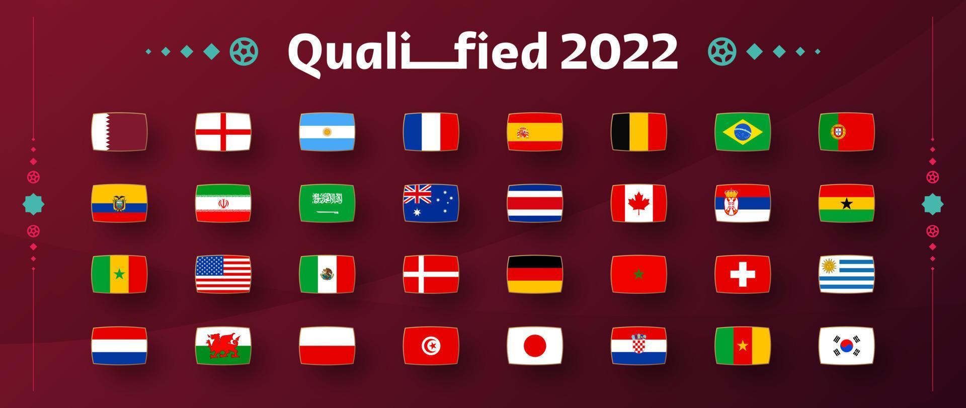 2022 football cup national flag set. Flags of all countries participating in the final part of soccer 2022 competition in 8 groups. Vector illustration