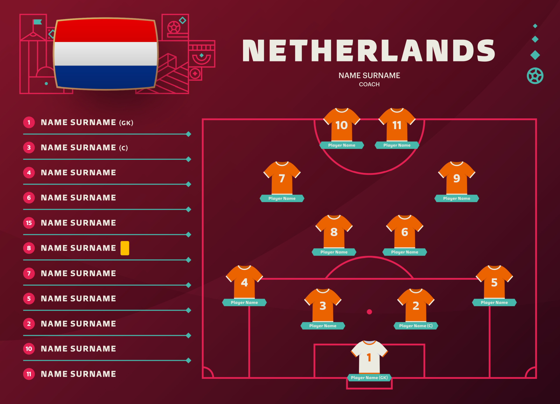 netherlands lineup world Football 2022 tournament final stage vector
