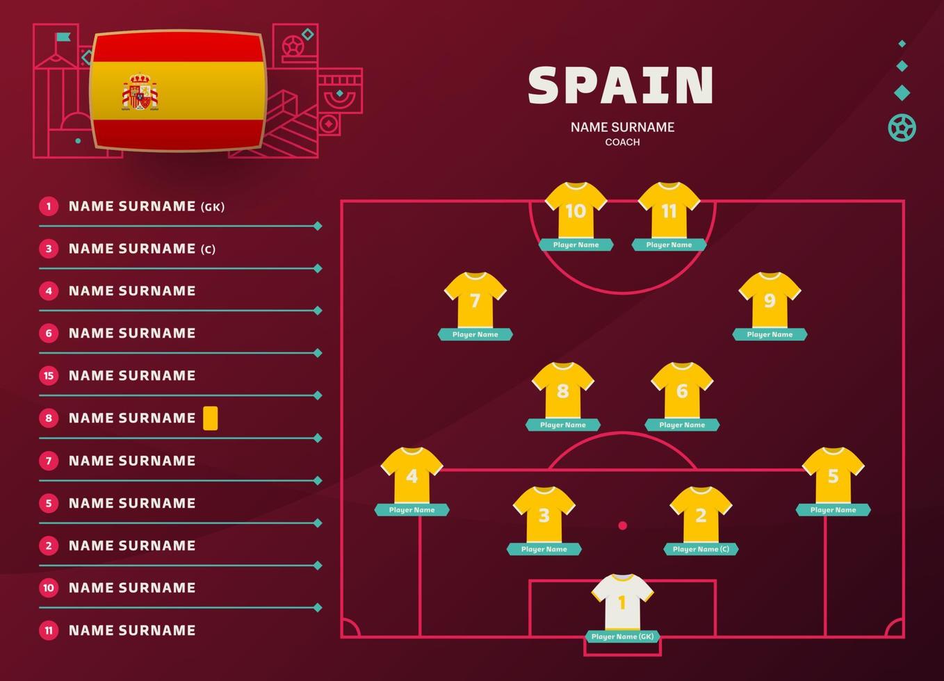 spain line-up world Football 2022 tournament final stage vector illustration. Country team lineup table and Team Formation on Football Field. soccer tournament Vector country flags
