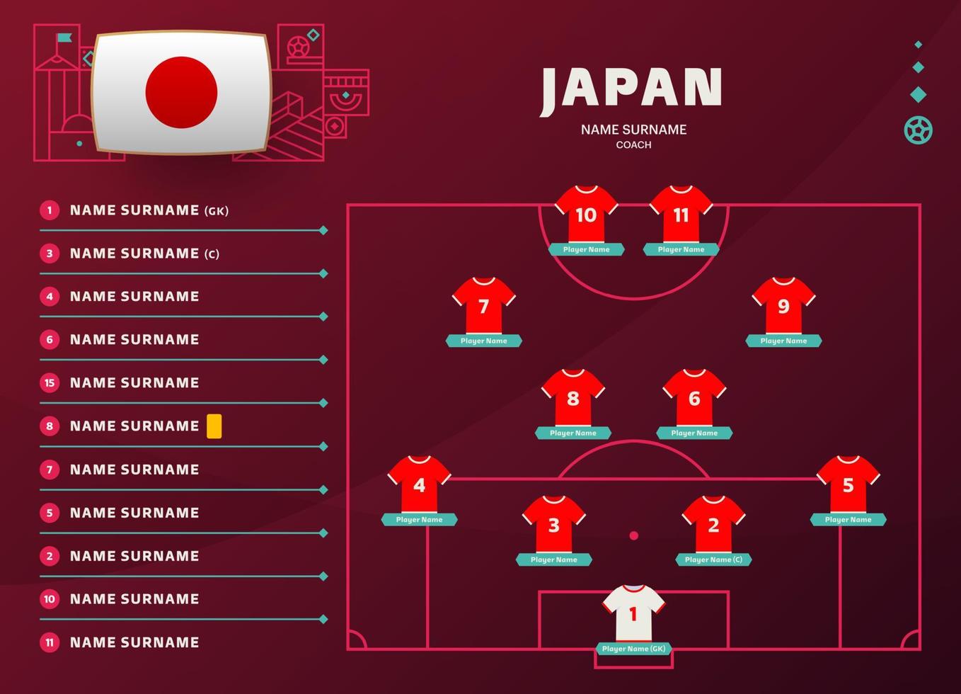 japón line-up world football 2022 torneo final etapa vector ilustración. tabla de alineación del equipo de campo y formación de equipo en el campo de fútbol. torneo de fútbol vector banderas de países