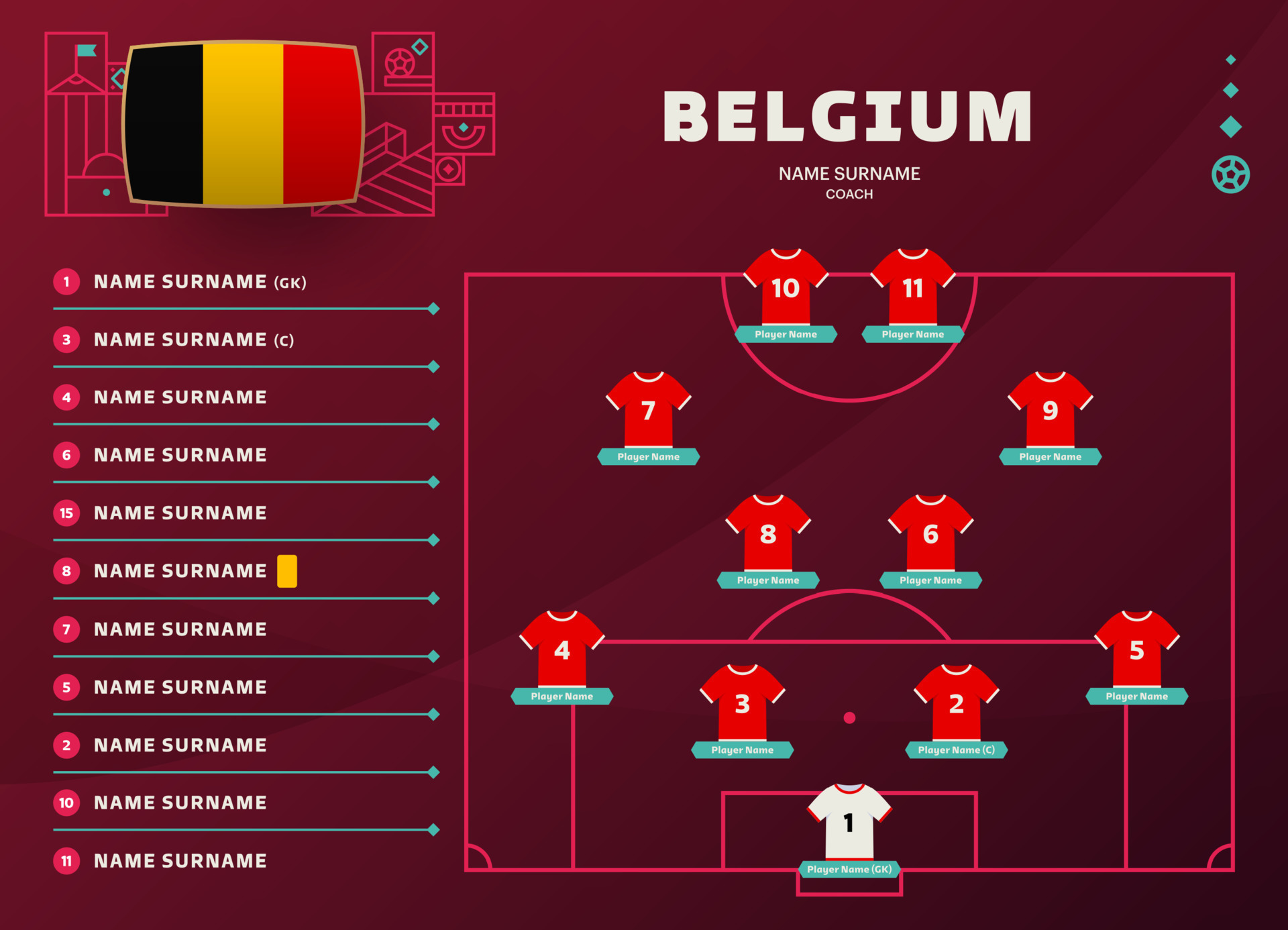belgium lineup world Football 2022 tournament final stage vector