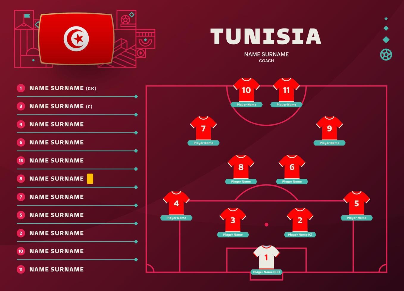 tunisia line-up world Football 2022 tournament final stage vector illustration. Country team lineup table and Team Formation on Football Field. soccer tournament Vector country flags