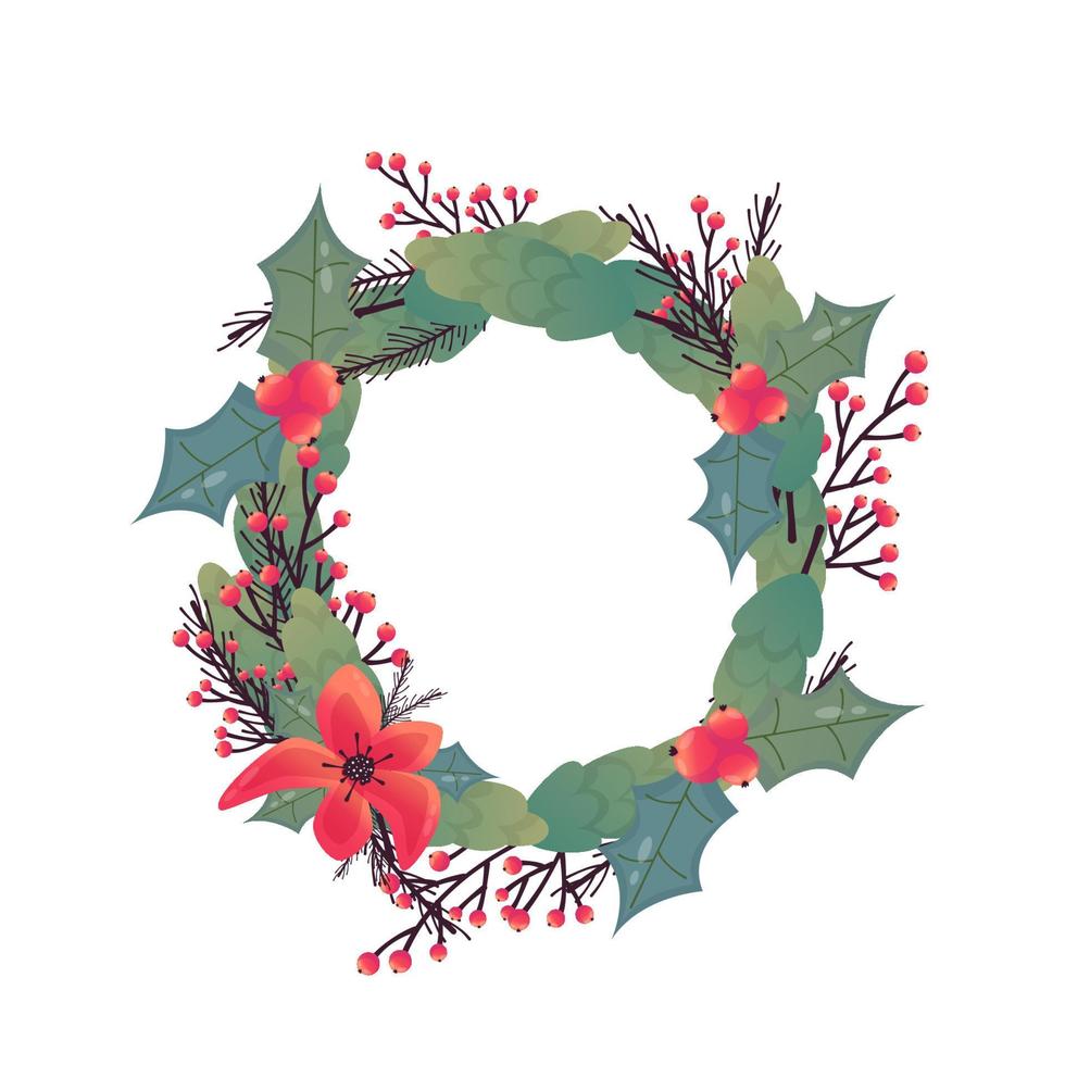 Isolated xmas wreath on white background. Vector Holly bouquet with leaf and berry. Round wreath for holiday.