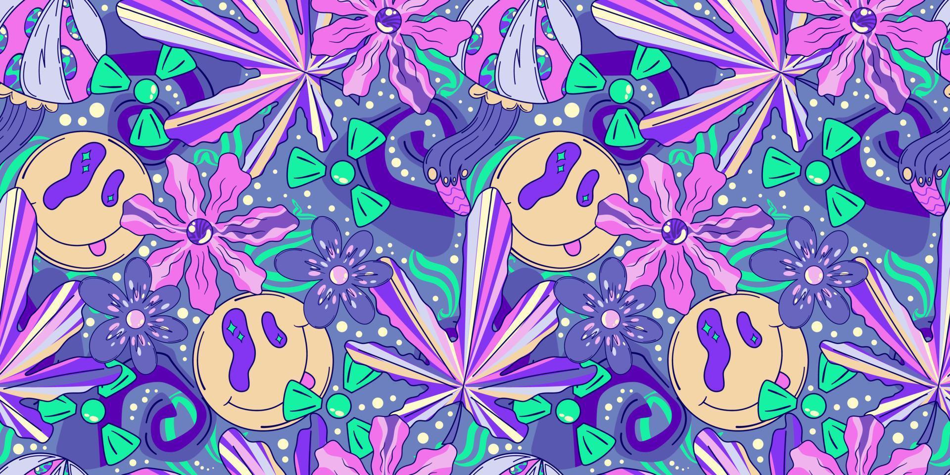 Trippy seamless pattern with round smile. Crazy heart abstract. Doodle vector seamless pattern. Magic alien trippy design.