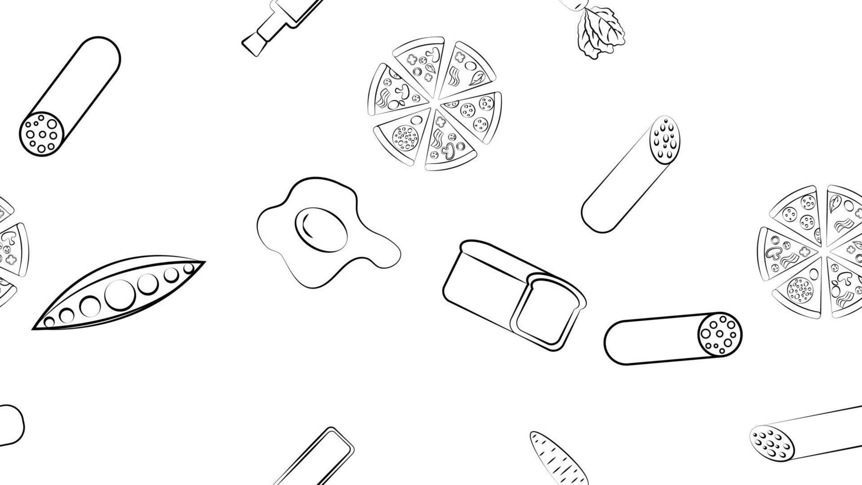 Black and white endless seamless pattern of food and snack items icons set for restaurant bar cafe pizza, sausage, olive oil, bread, egg, peas, carrots. The background vector