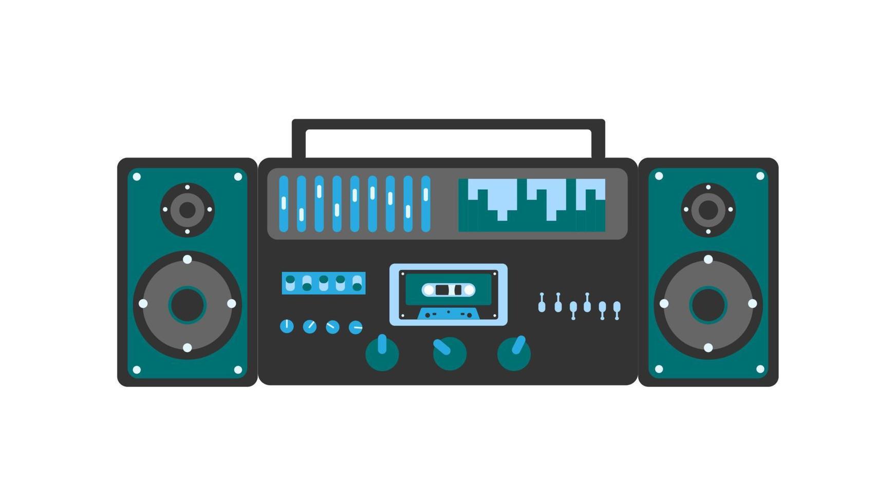 Old retro green vintage music cassette tape recorder with magnetic tape on reels and speakers from the 70s, 80s, 90s. Beautiful icon. Vector illustration