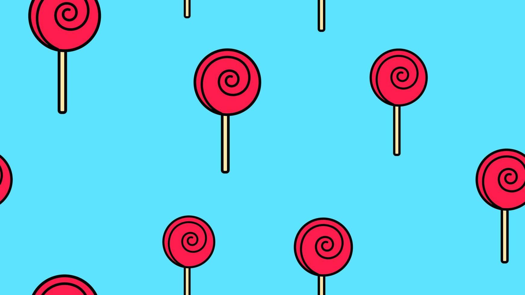 sweet round caramel on a stick, on a blue background, vector illustration, pattern. appetizing red lollipop, sugar candy. kitchen, restaurant decoration. catering decor, colored wallpaper