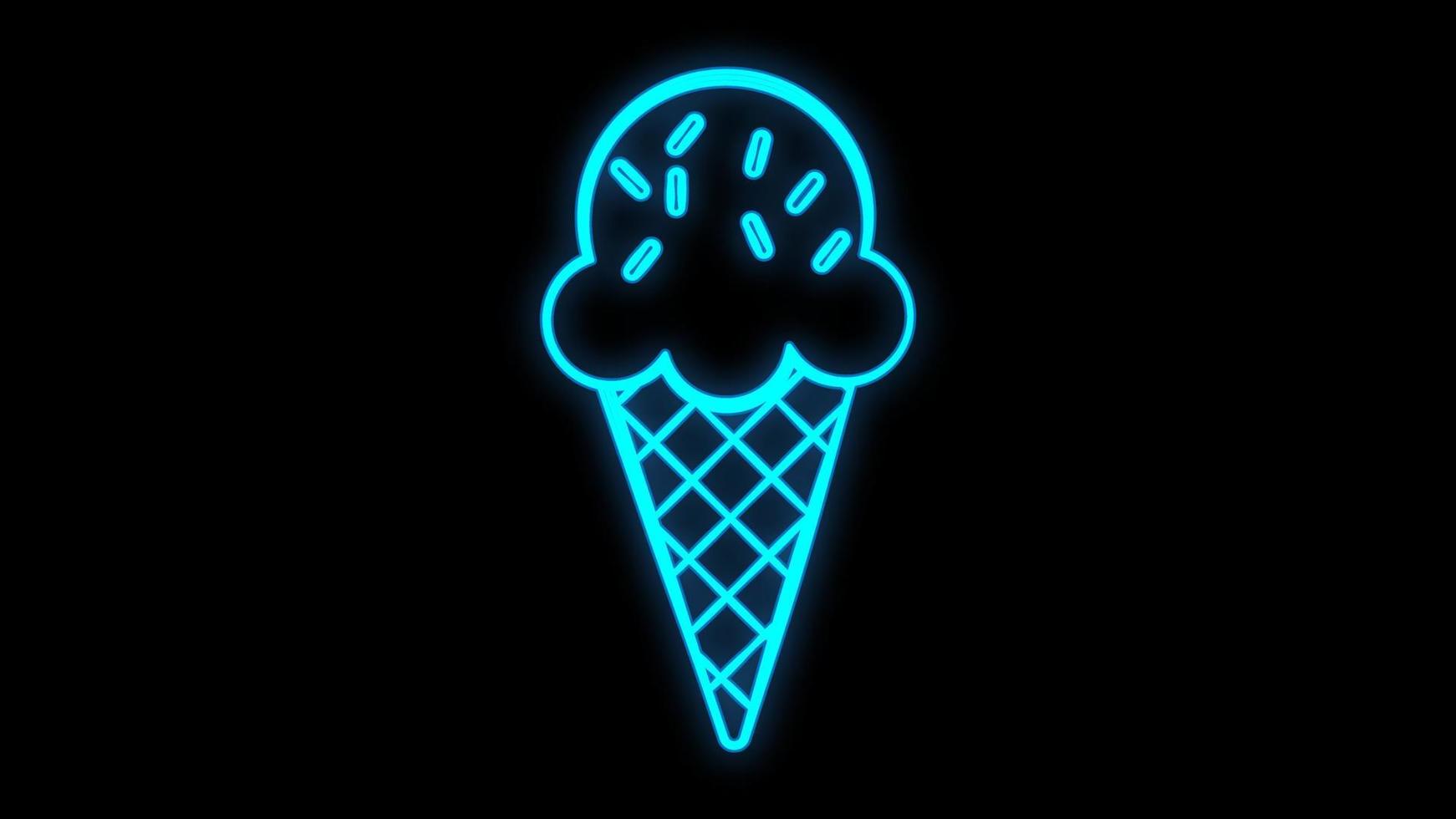 Glowing neon sign of ice cream with cherry on dark brick wall